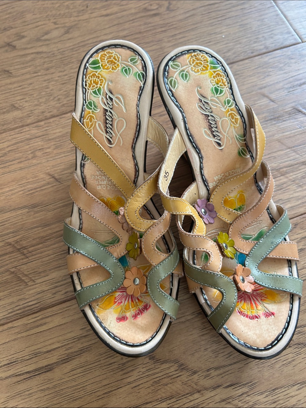 Leather Multicolor Floral Wedge Sandals - Yellow Green Tan